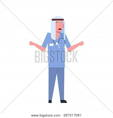 Confused Expression With Arms And Hands Raised Arab Doctor With Stethoscope Arabic Man In Keffiyeh H