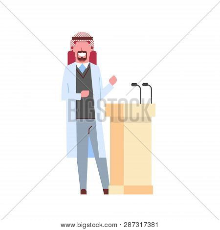 Arab Male Doctor Giving Speech From Tribune With Microphones Arabic Man In Keffiyeh Hospital Medicin