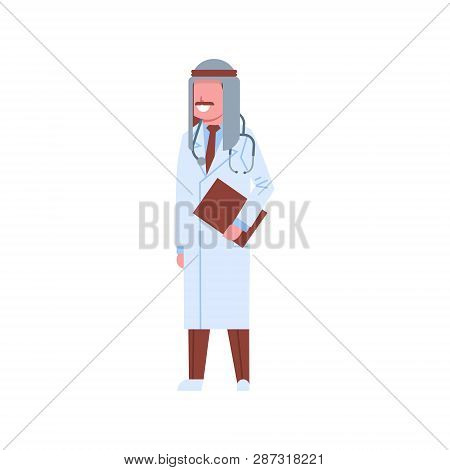 Arab Male Doctor Holding Checklist Arabic Man In Keffiyeh And Uniform Hospital Medicine Worker Carto