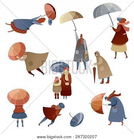 Flat Vector Set Of People With Umbrellas, Fighting With Bad Weather. Windy Day. Autumn Season. Carto
