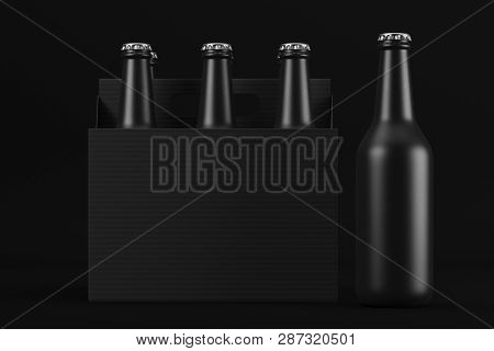 A Box Of Frosted Bottles On A Black Background. One Glass Bottle For Drinks. Mock Up. 3d Rendering