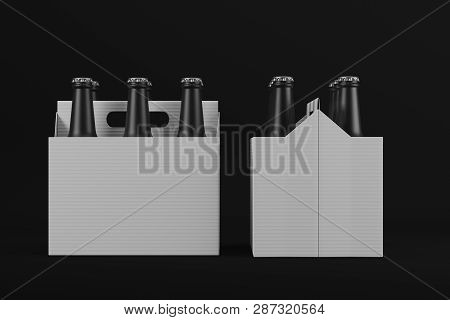 Frosted Glass Beverage Bottles In Cardboard Box On Black Background. Mock Up. 3d Rendering