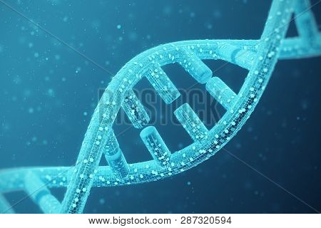 The Concept Of Biochemistry With A Dna Molecule On A Blue Background. 3d Rendering