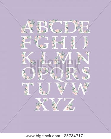 Watercolor Alphabet With Roses Flowers And Leaves. Romantic Floral Font. Font Made With Leaves, Flor