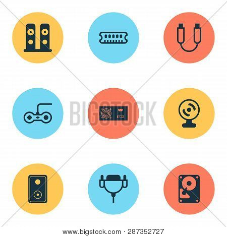 Computer Icons Set With Ram, Hard Disk, Music Speaker And Other Hdd Elements. Isolated Vector Illust