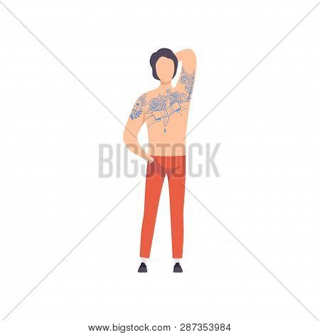 Man With Bare Torso, Guy Having Tattoo On His Chest Vector Illustration
