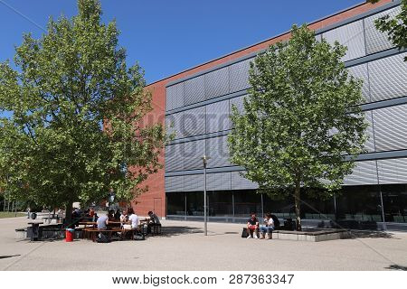 Nuremberg, Germany - May 7, 2018: People Visit The Department Of Economics At Fau (friedrich Alexand