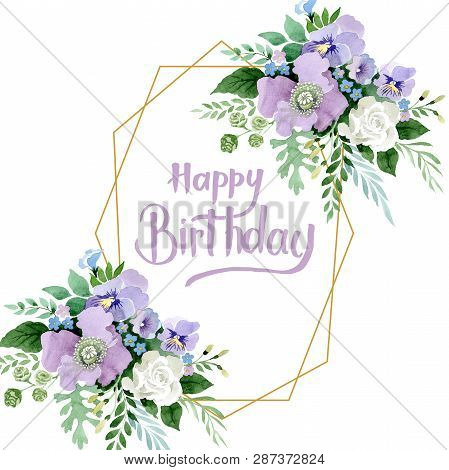 Violet Bouquet Floral Botanical Flowers. Watercolor Background Illustration Set. Frame Border Crysta