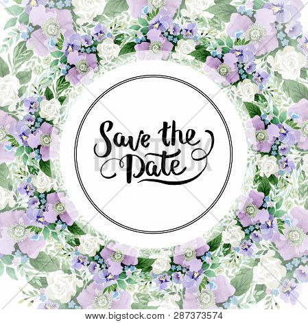 Violet Bouquet Floral Botanical Flowers. Watercolor Background Illustration Set. Frame Border Orname