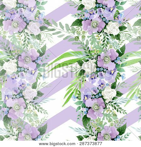 Violet Bouquet Floral Botanical Flowers. Watercolor Background Illustration Set. Seamless Background