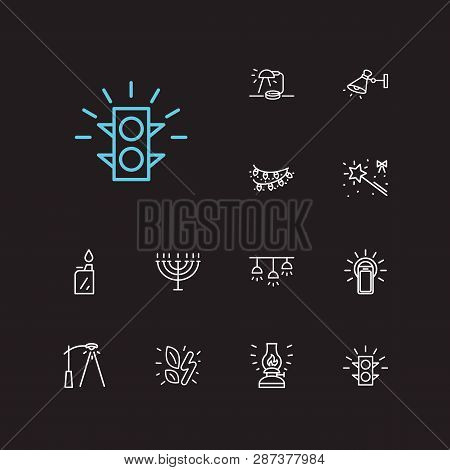 Lightning Icons Set. Wall Lamp And Lightning Icons With Menorah, Street Lamp And Table Lamp. Set Of 