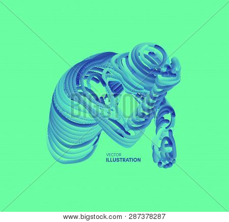 Man In A Thinker Pose. Miserable Depressed Men Sitting And Thinking. 3d Model Of Man. Psychology Or 