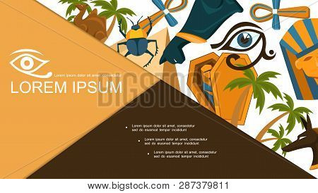 Flat Egypt Elements Composition With Camel Egyptian Cat Scarab Beetle Golden Ankh Cross Horus Eye Ph