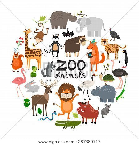 Flat Zoo Animals Round Concept With Giraffe Leopard Boar Squirrel Hippo Iguana Lion Deer Elephant Mo