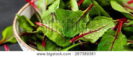 Fresh Chard Leaves On Black Background Closeup, Mangold