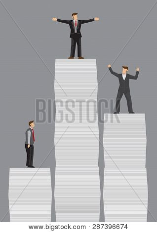 Business Professionals Standing On Top Of Stacks Of Documents Of Different Heights. Creative Vector 