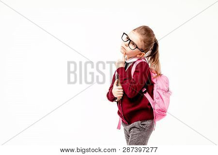 Back To School. Beautiful Little Girl Dressed Like A School Girl - In White Shirt, Red Blouse And Gr