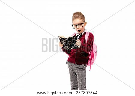 Back To School. Beautiful Little Girl Dressed Like A School Girl - In White Shirt, Red Blouse And Gr