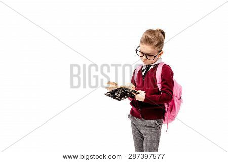 Back To School. Beautiful Little Girl Dressed Like A School Girl - In White Shirt, Red Blouse And Gr