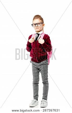 Back To School. Beautiful Little Girl Dressed Like A School Girl - In White Shirt, Red Blouse And Gr