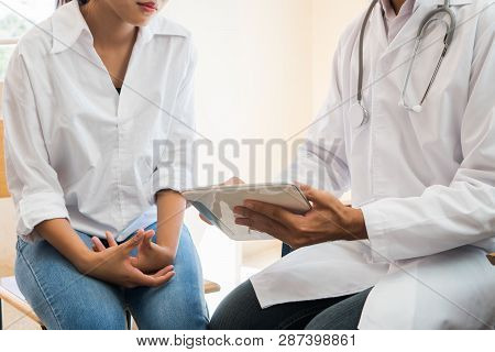 Healthcare Medical Concept, Doctor Psychiatrist Consulting Gynecological Female Illness, Use Pointin