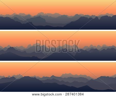 Set Of Horizontal Banners With Rocky Sharp Peaks Of High Mountains At Sunset.