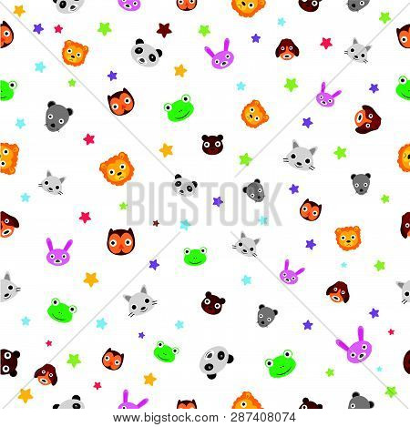 Vector Colorful Seamless Pattern Star, Baby Animal Face, Owl, Mouse, Frog, Tiger, Dog, Cat, Panda, R