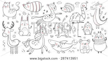 Doodle Animals. Sketch Animal, Hand Drawn Decoration Panda And Adorable Crocodile. Cute Shark, Cat A