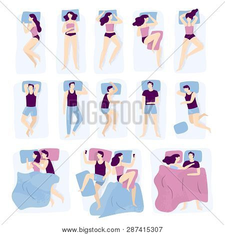 Sleep People Set. Person Sleeping In Bed Alone, Asleep Couple At Bedroom. Lying Side Vector Illustra