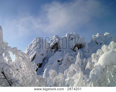 在山脉、 森林、 岩石、 森林、 天空雪冬