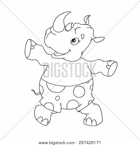Cheerful Character Rhino. Rhino Dancing. Cartoon Character For Coloring Book. Character For Children
