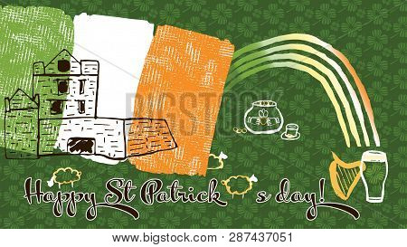 Happy St Patricks Day Celebration Hand Drawn Illustration With Irish Symbols Set On A Green Shamrock