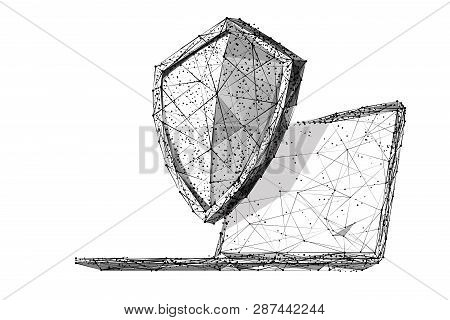 Knight Shield On A Laptop Background. Abstract Low Poly Wireframe Illustration. Polygonal Isolated P