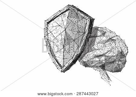 Knight Shield And Brain Of Human. Isolated Brain Protection And Consciousness. Low-poly Wireframe 3d