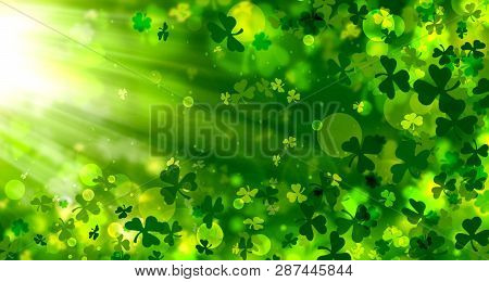 Green Background For St. Patrick's Day, Spring Background, Bright, Bokeh, Shamrock, Rays, Light Effe