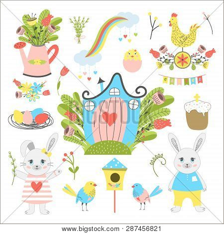 Big Collection Of Easter Bunnies, Easter Cake, Rooster, Eggs, Flowers, A House, A Rainbow, A Ribbon,