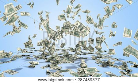 Hundred Dollar Banknotes Fall On Graund On Blue Background