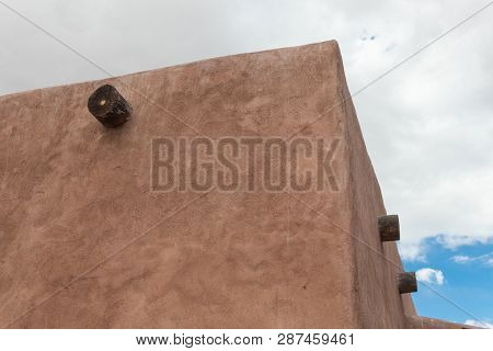 Monumental Exterior Corner Of Adobe Building With Exposed Vigas, Creative Copy Space, Horizontal Asp