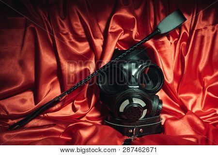 Close Up Bdsm Outfit. Bondage, Kinky Adult Sex Games, Kink And Bdsm Lifestyle Concept With Gas Mask,