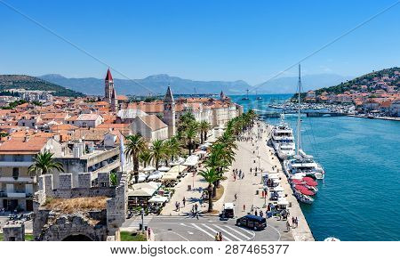 Trogir, Croatia - July 12, 2017: View Of The Port And Embankment From The Fortress Of The City Of Tr