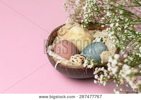Selective Focus Of Coloured Decorated Easter Eggs In Coconut Shell, Gypsophila Flowers