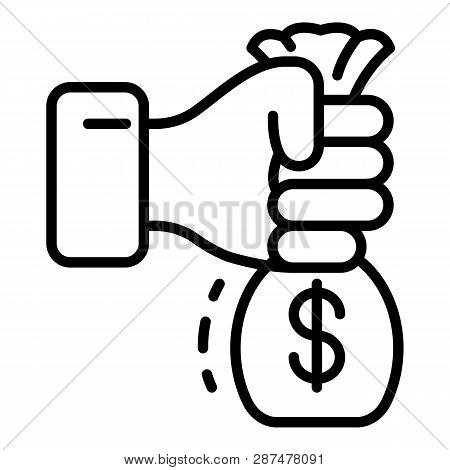 Hand Take Bribery Money Bag Icon. Outline Hand Take Bribery Money Bag Icon For Web Design Isolated O