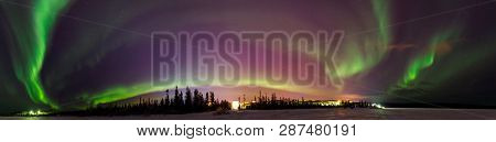 Panorama Multicolored Green Violet Vibrant Aurora Borealis Polaris, Northern Lights In Night Sky Ove