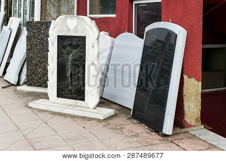 Varna, Bulgaria, March 03, 2019. Small Private Firm Produces Tombstones And Exhibites Samples Of Its