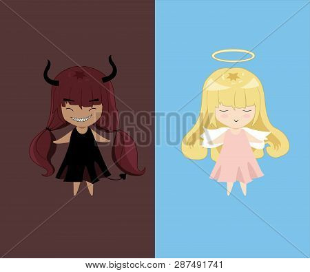 Angel And Devil Sd Character. Good And Bad. Vector Drawing.