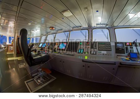 Fish-eye Shot Of Modern Wheelhouse Navigation Bridge