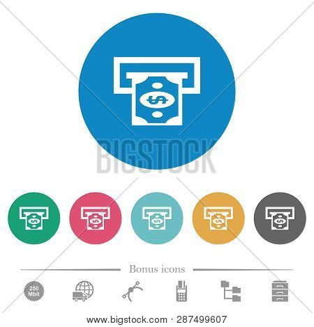 Dollar Bank Atm Flat White Icons On Round Color Backgrounds. 6 Bonus Icons Included.