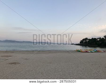 View Of The Beach And The Sea From The Seafront Of Silgar Beach In Sanxenxo During A Cloudy Day In S