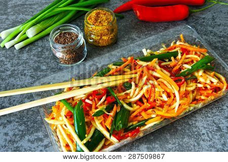 Salad From Marinated Vegetables With Green Onions In Chinese Style. Fermented Vegetables. Salad Of F