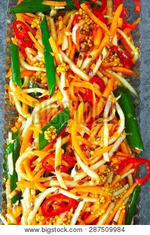 Salad From Marinated Vegetables With Green Onions In Chinese Style. Fermented Vegetables. Salad Of F